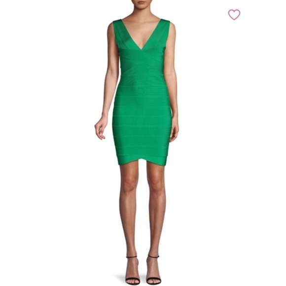 NWT Herve Leger Green Opal V-Neck Bandage dress